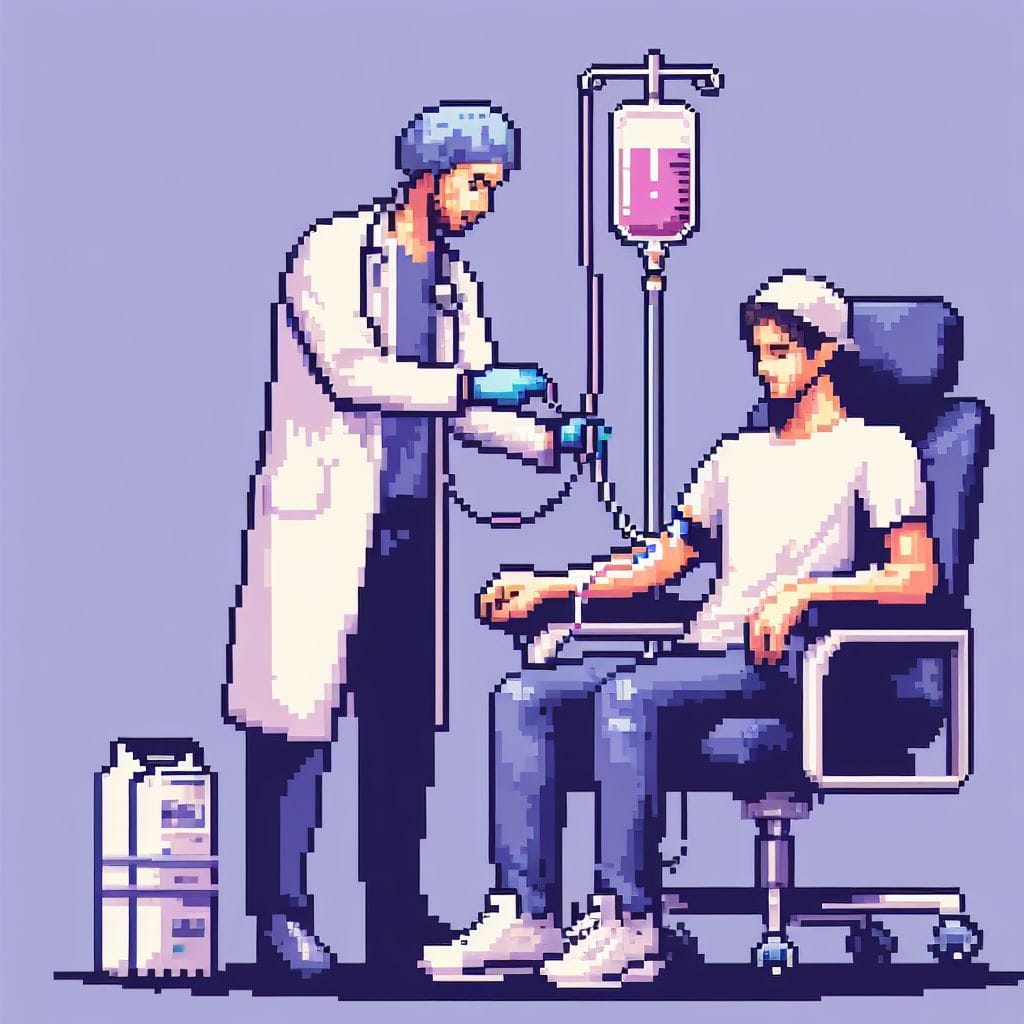 An AI pixel-art drawing of a patient being administered an IV by a healthcare provider.