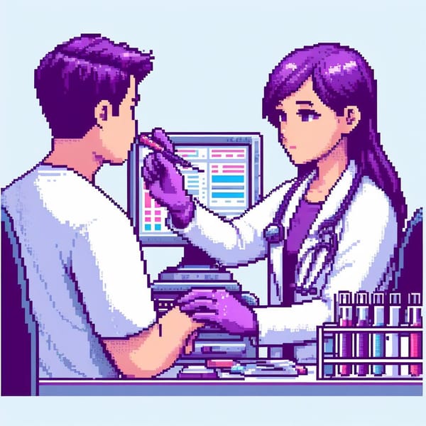AI generated image of doctor conducting tests on a patient in pixelart style.