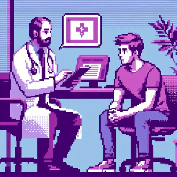 AI Generated Pixelart, a patient consulting a doctor.
